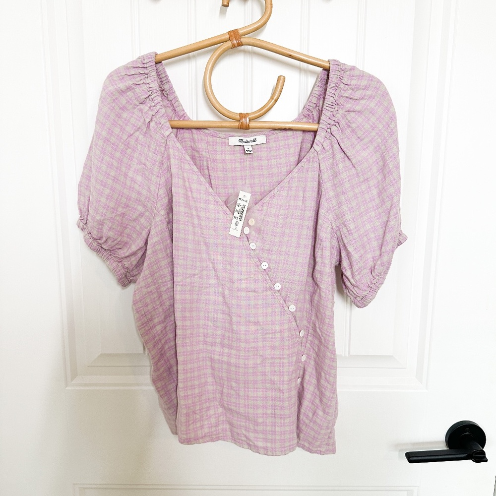 NWT Romantic Cottage Vibes! Madewell Lavender Plaid Linen Blend Wrap Top -Size M